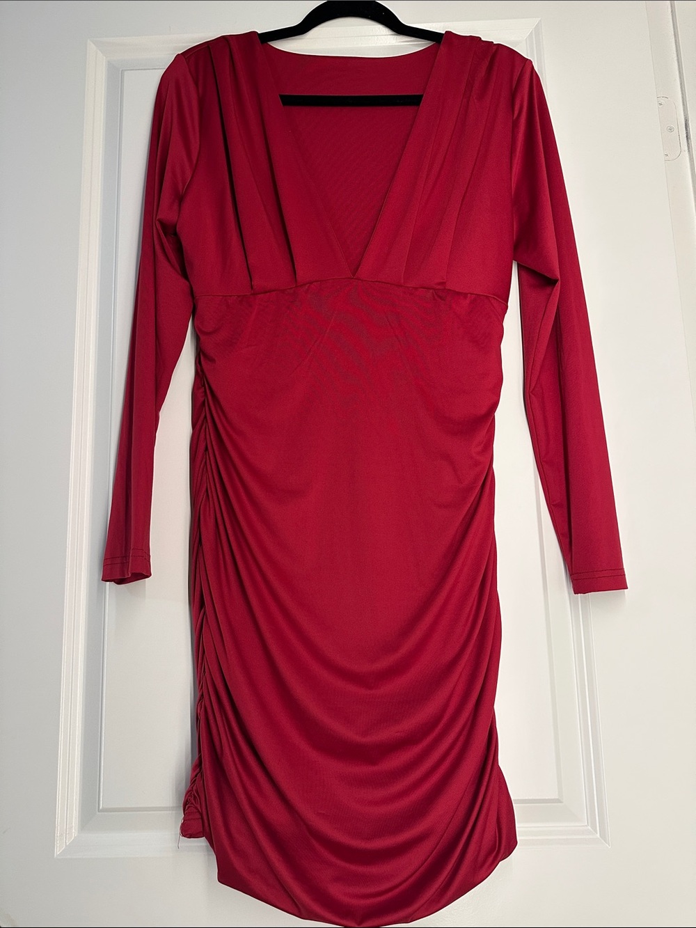 Red Long-Sleeve V-Neck Ruched Midi Dress